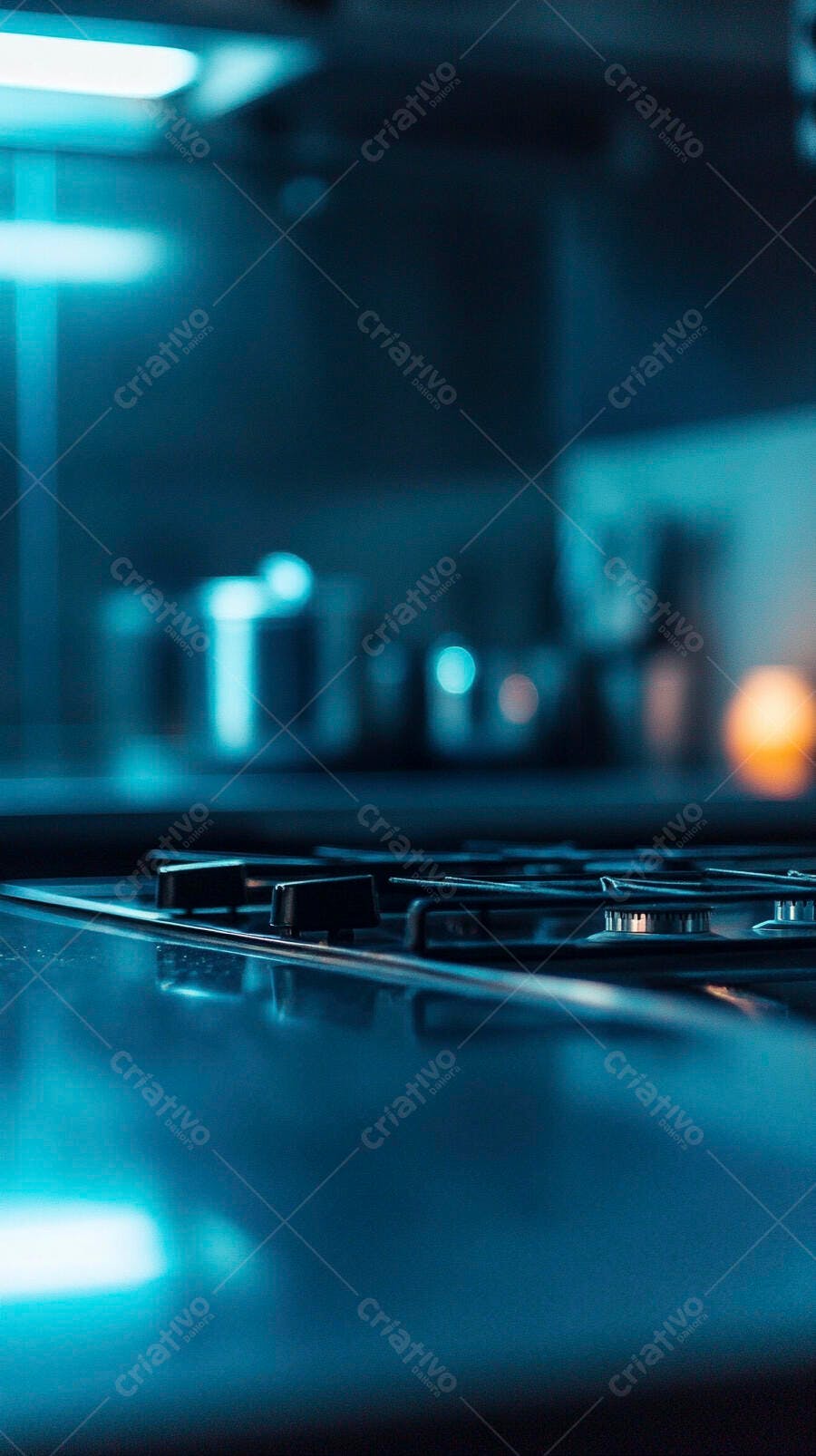 Fogão a gás em cozinha moderna com luzes azuis e reflexos noturnos