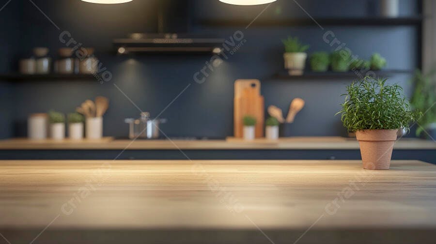 Cozinha moderna bancada de madeira com alecrim em vaso ambiente limpo
