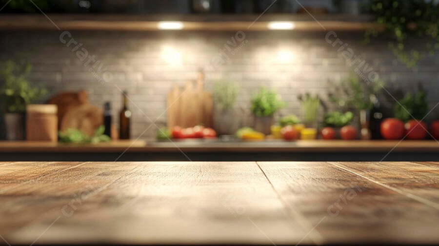 Mesa de madeira rústica em cozinha moderna com vegetais frescos desfocados