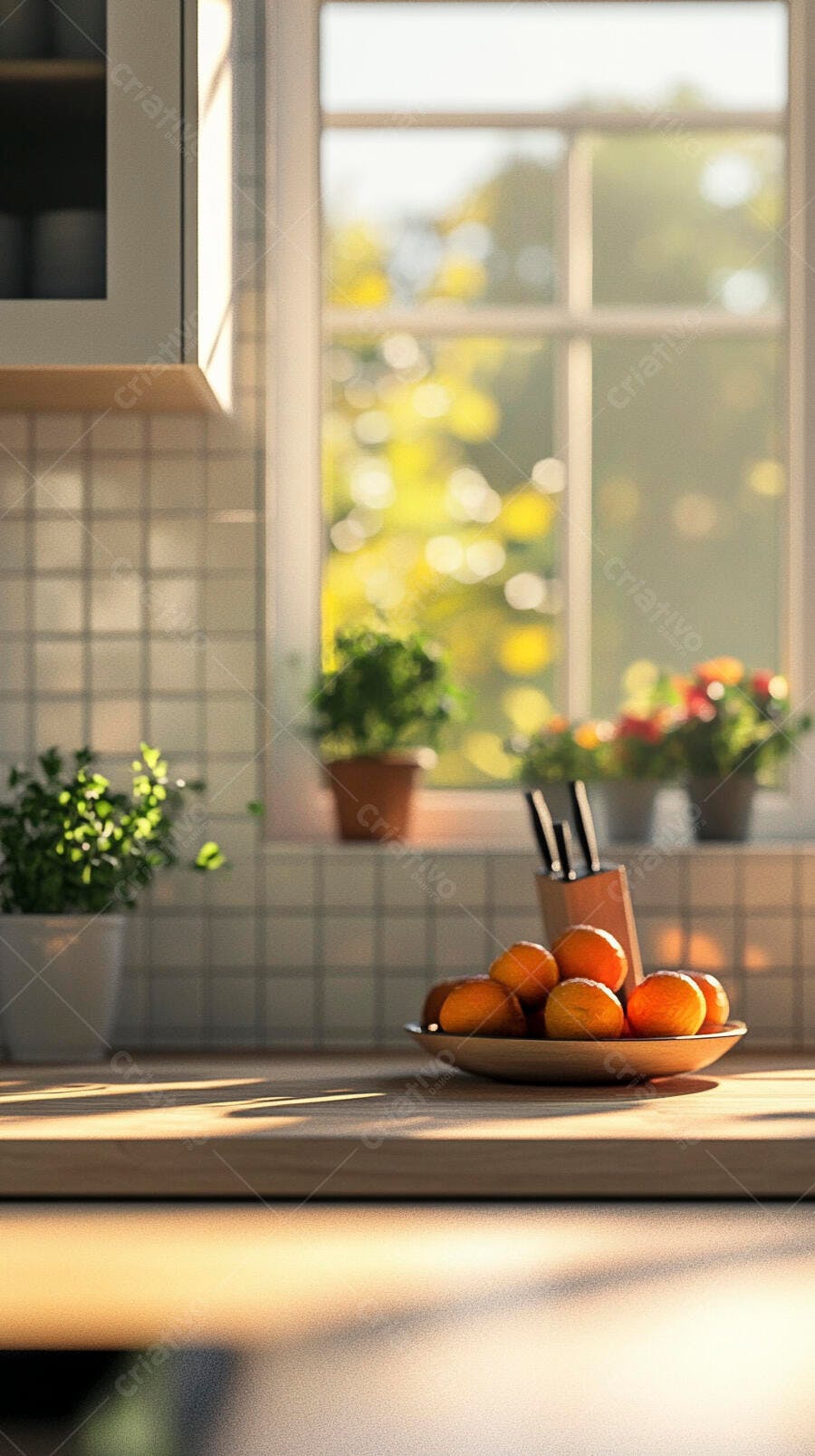 Tigela de laranjas frescas na bancada da cozinha iluminada pelo sol