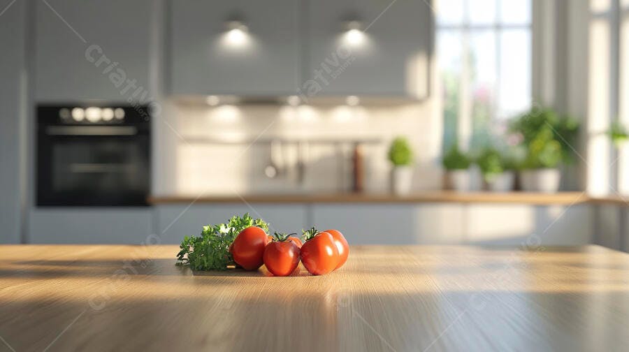 Tomates vermelhos e salsinha verde fresca em bancada de cozinha moderna iluminada