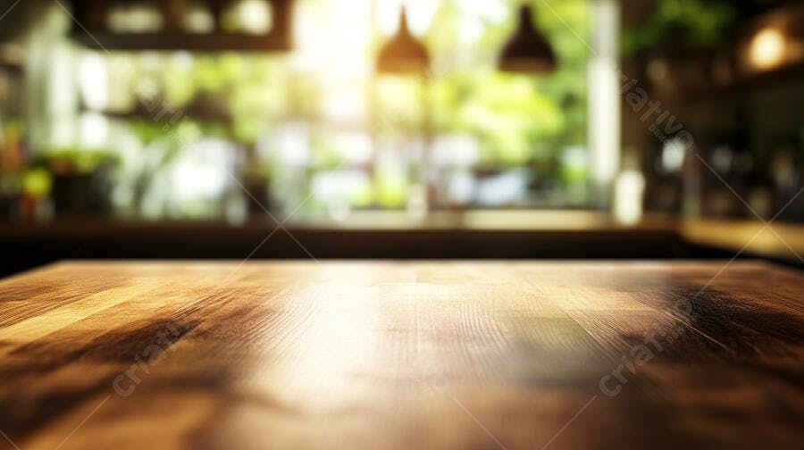 Tampo de mesa de madeira rústica com fundo de café desfocado