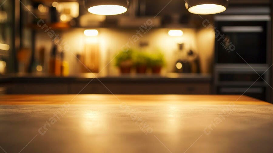 Bancada de cozinha moderna com iluminação quente em fundo desfocado