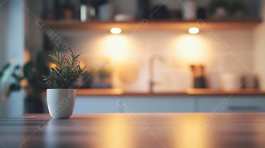 Vaso de planta erva fresca sobre mesa de madeira em cozinha iluminada