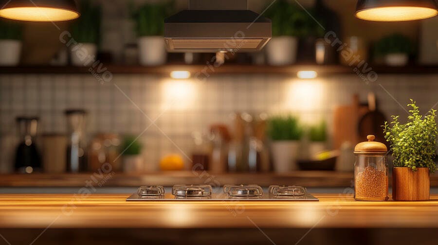 Cozinha moderna com fogão na bancada de madeira e plantas iluminadas
