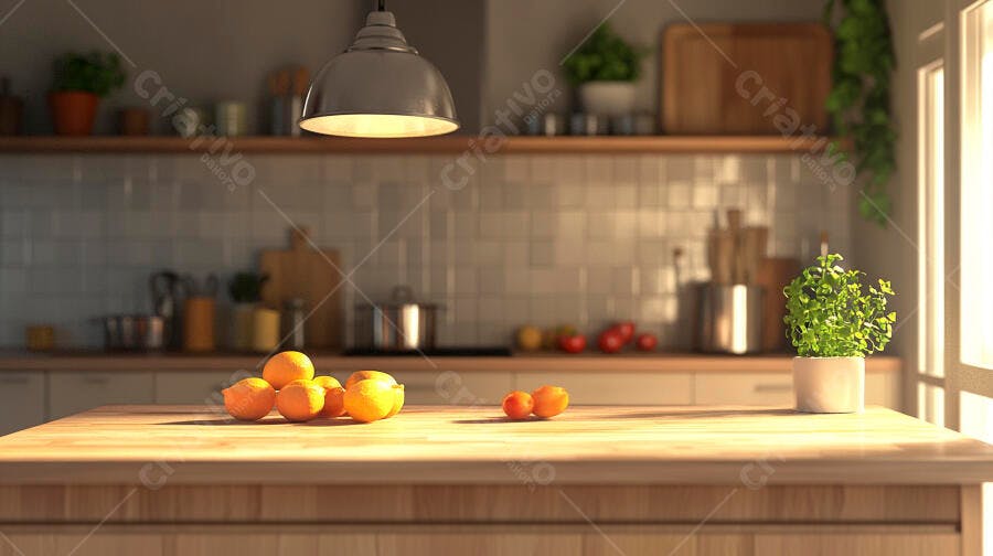 Cozinha moderna com laranjas e tangerinas na bancada ensolarada