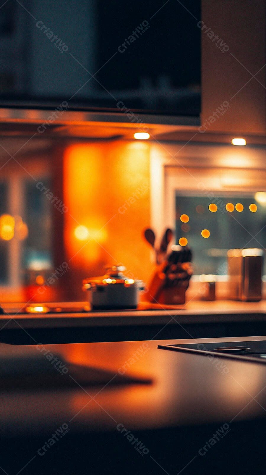 Cozinha moderna com panela e utensílios sob luz quente noturna