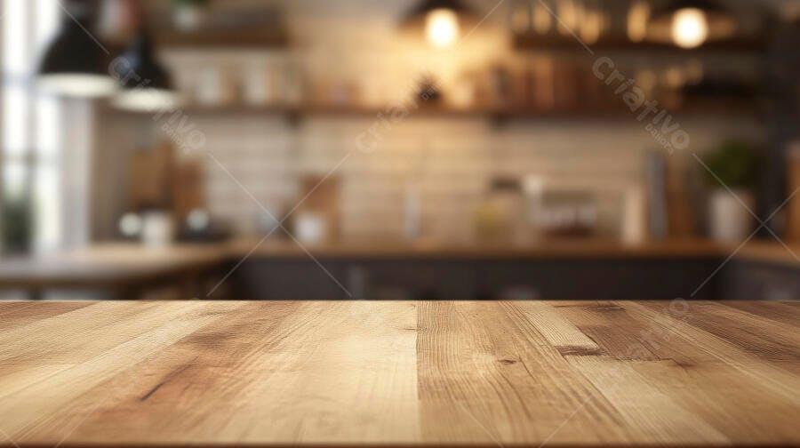 Mesa de madeira rústica em cozinha moderna desfocada