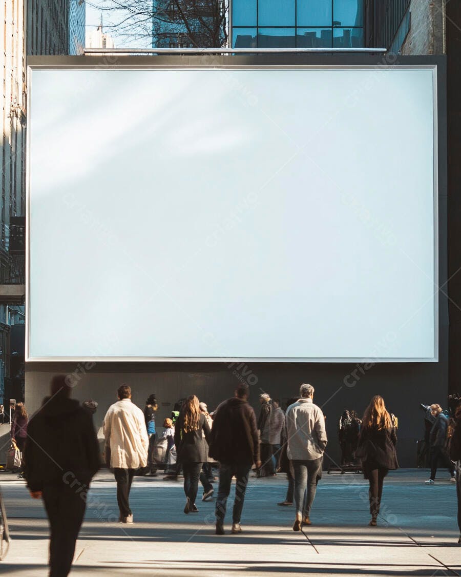 Grande outdoor digital branco em rua urbana com pessoas caminhando