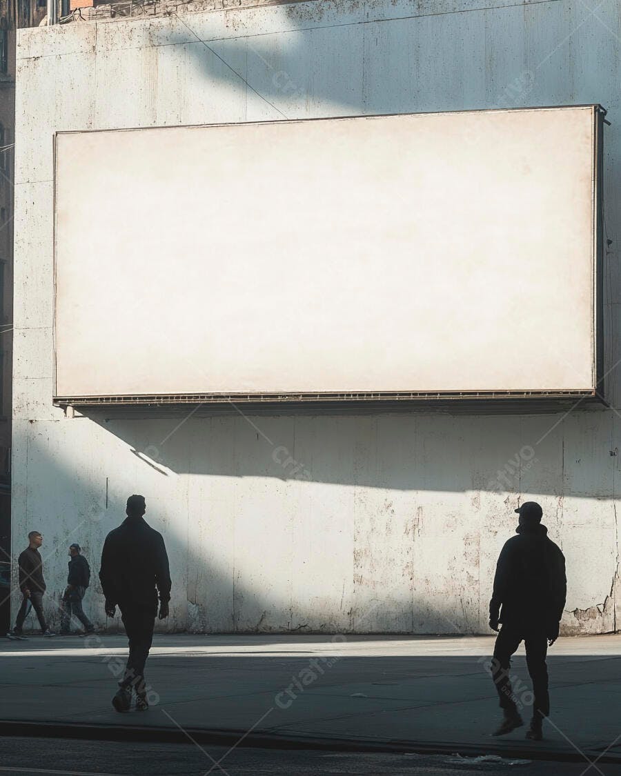 Outdoor em branco na parede de concreto cinza com silhuetas de pessoas na rua