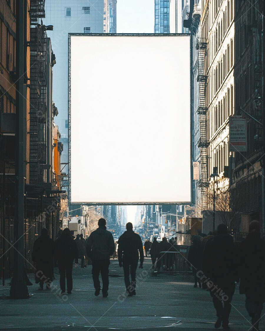 Pessoas caminhando em rua urbana com outdoor branco gigante