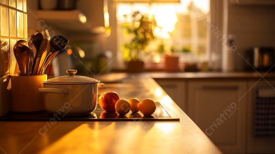 Panela e frutas na bancada da cozinha com luz dourada do amanhecer