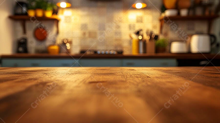Mesa de madeira rústica com cozinha borrada ao fundo e luzes quentes