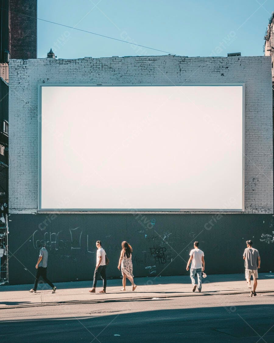 Pessoas caminhando em calçada urbana com grande outdoor branco e céu azul claro