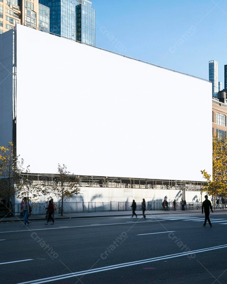Painel publicidade branco gigante em prédio urbano com pedestres na rua