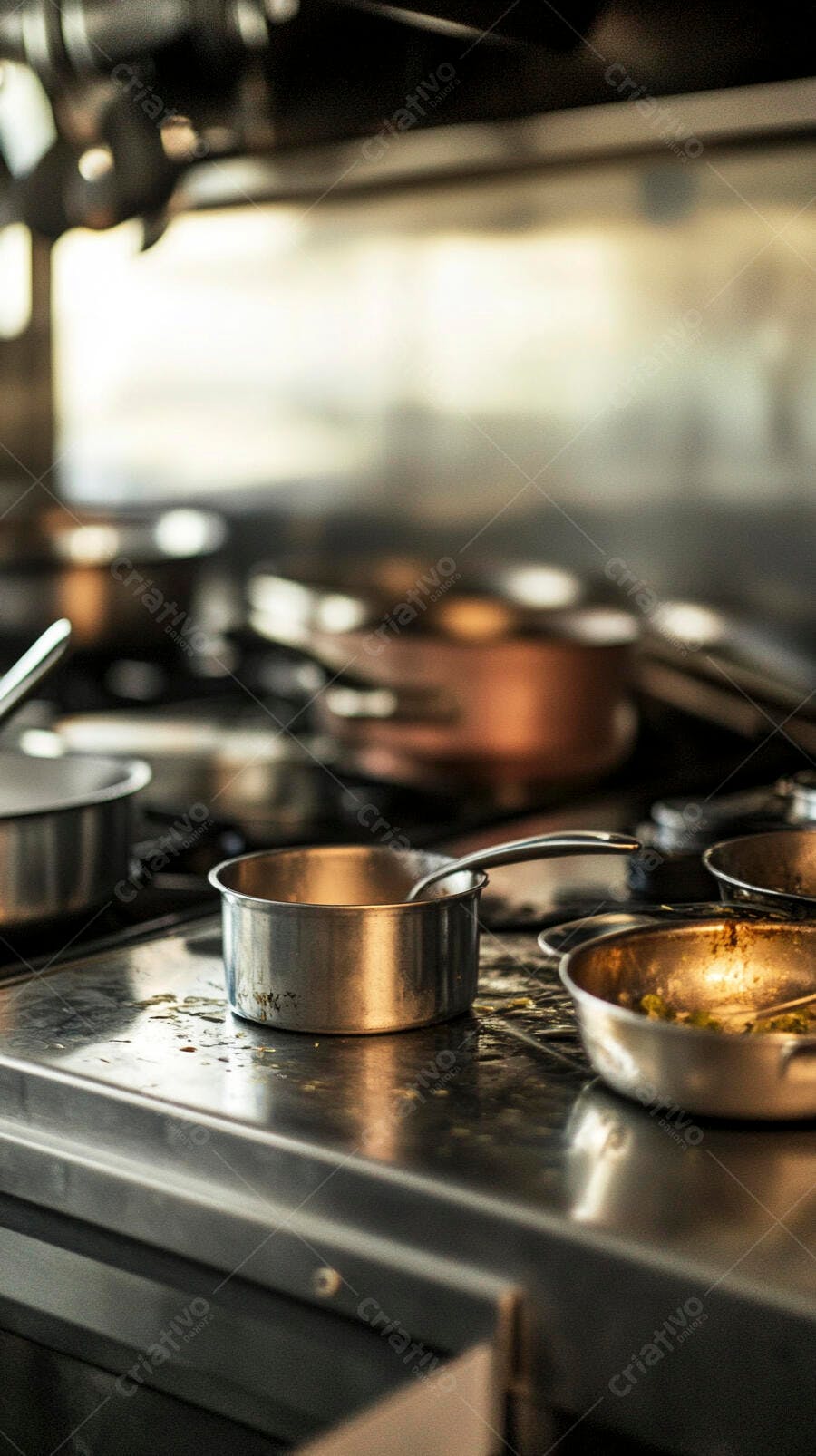 Panelas e utensílios em fogão de cozinha profissional