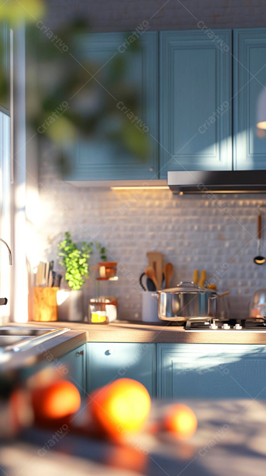 Cozinha moderna clara com armários azuis e luz natural matinal
