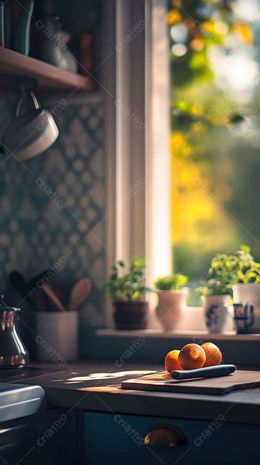 Laranjas frescas na bancada da cozinha com luz solar e plantas pela manhã