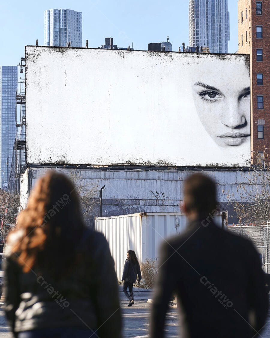Outdoor com rosto de mulher em preto e branco na rua movimentada da cidade