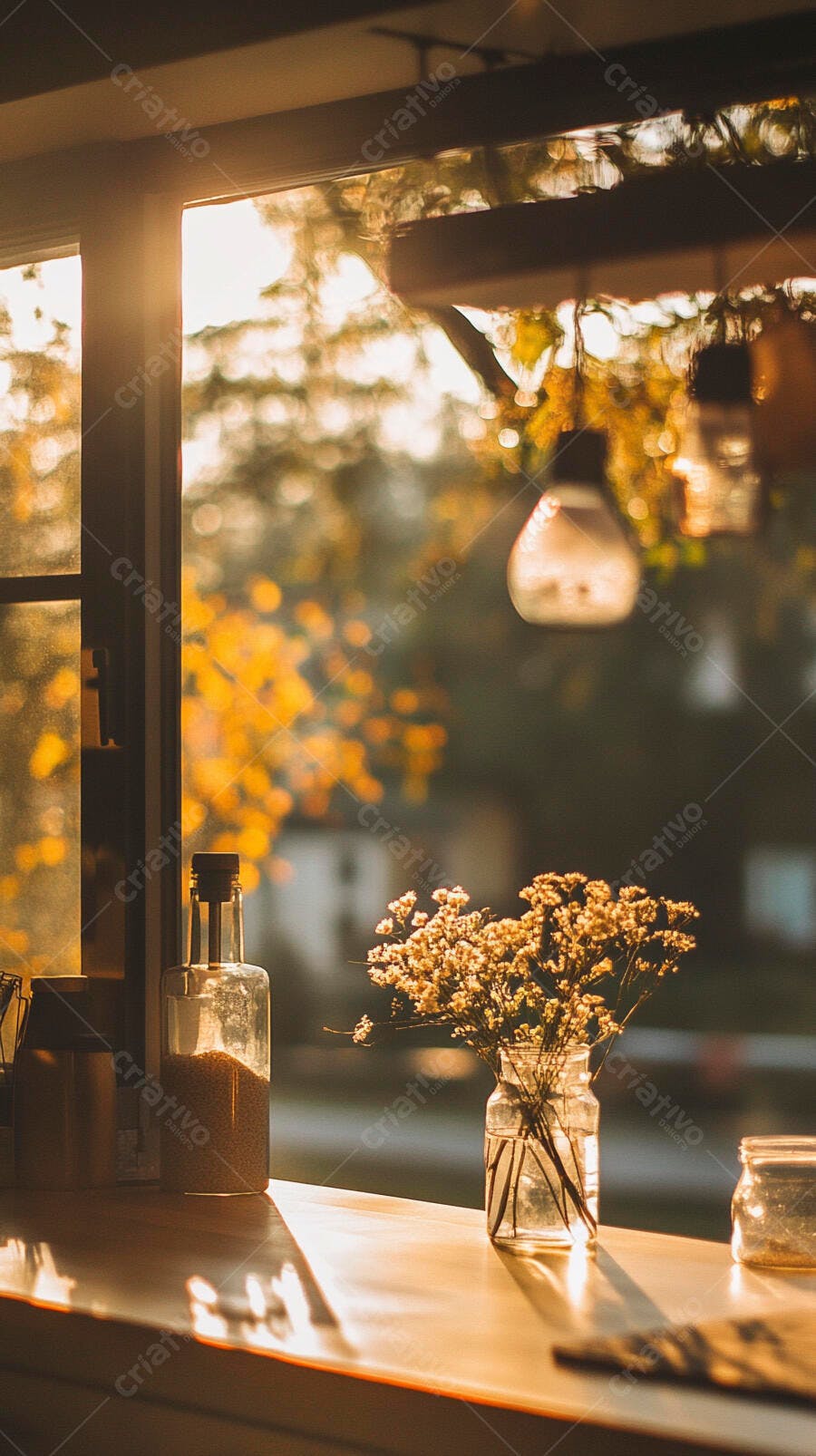 Flores brancas em vaso de vidro na janela com luz dourada do pôr do sol