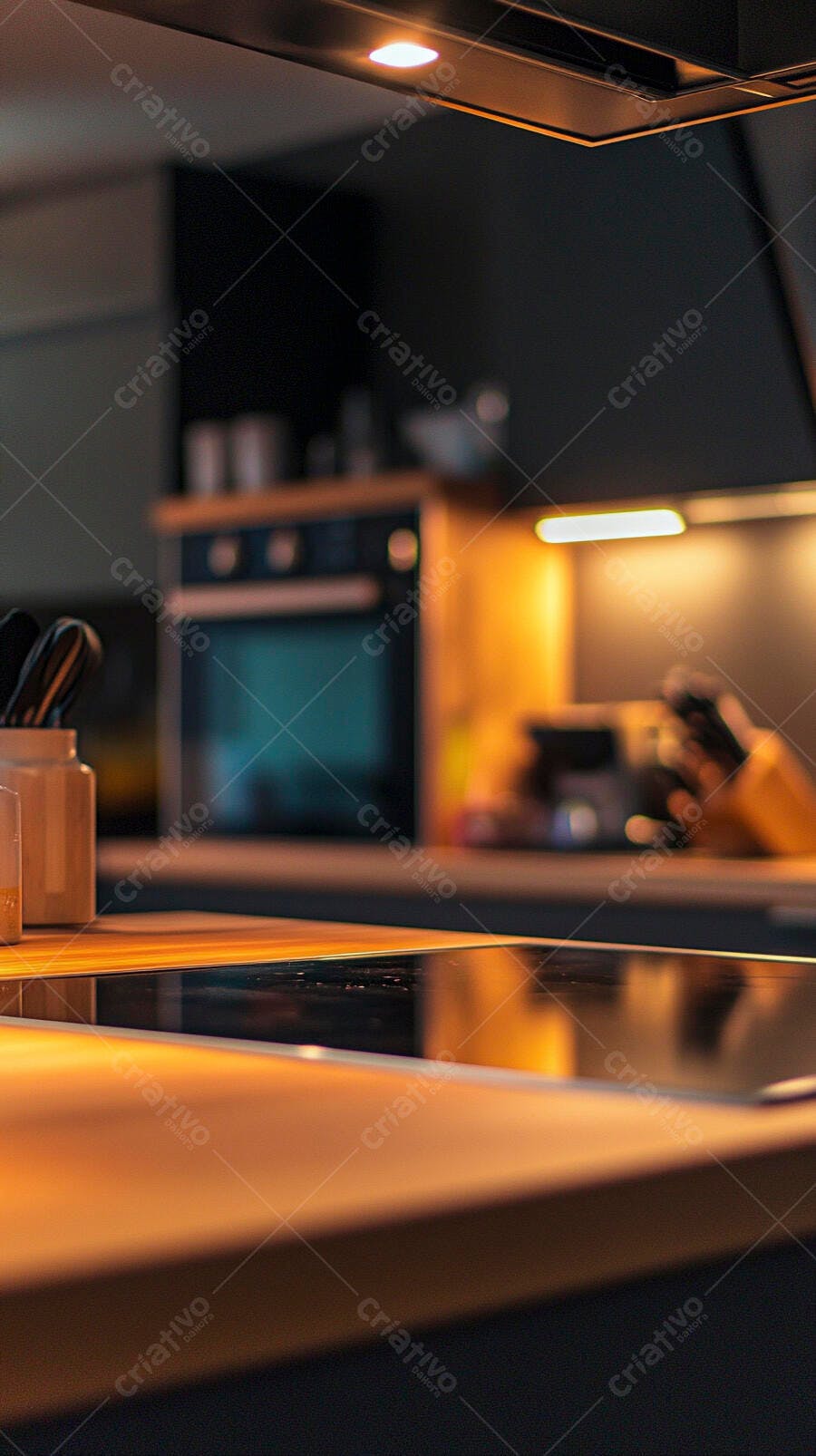 Cozinha moderna com bancada de madeira e fogão de indução sob iluminação quente