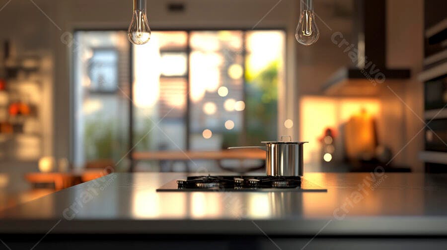 Panela em fogão de ilha cozinha moderna com luz dourada