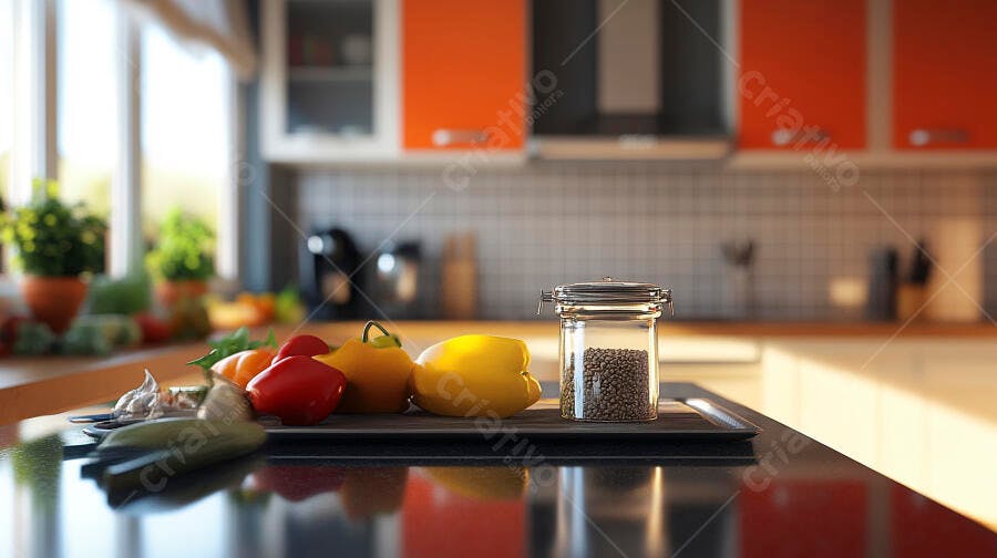 Pimentões coloridos alho e milho em cozinha moderna e vibrante
