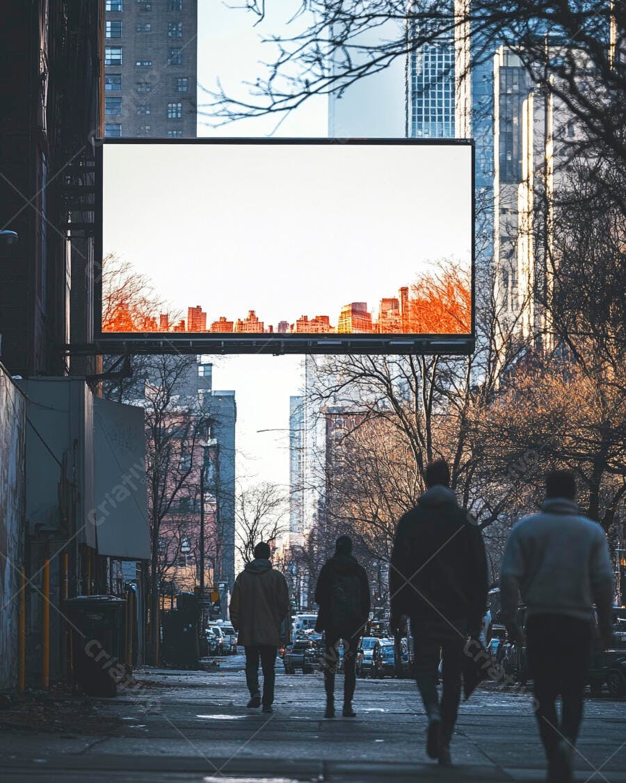 Painel publicitário em branco na rua urbana com pessoas de casaco caminhando