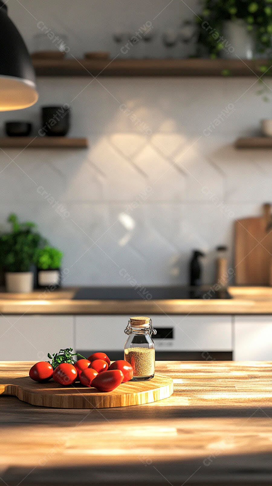 Tomates frescos e temperos em bancada de cozinha moderna com luz natural