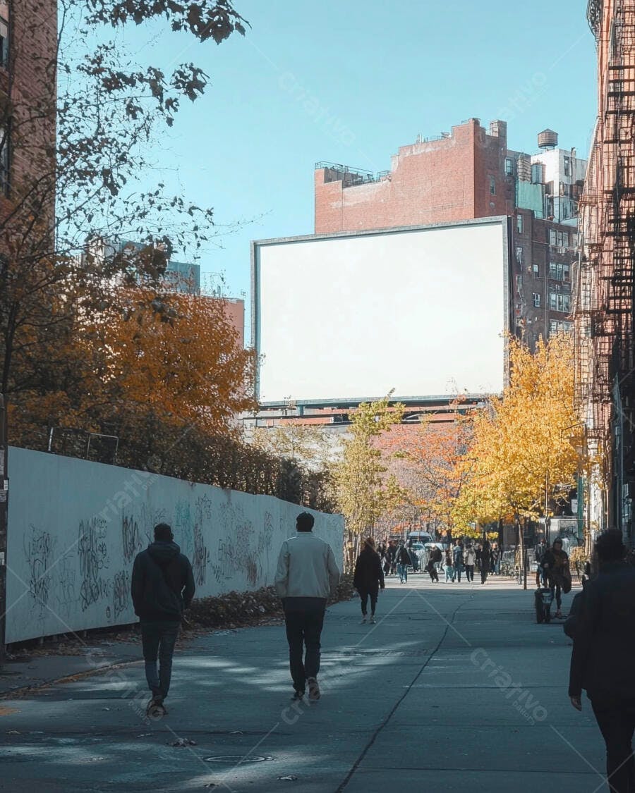Pessoas caminhando em rua urbana com outdoor publicitário vazio no outono