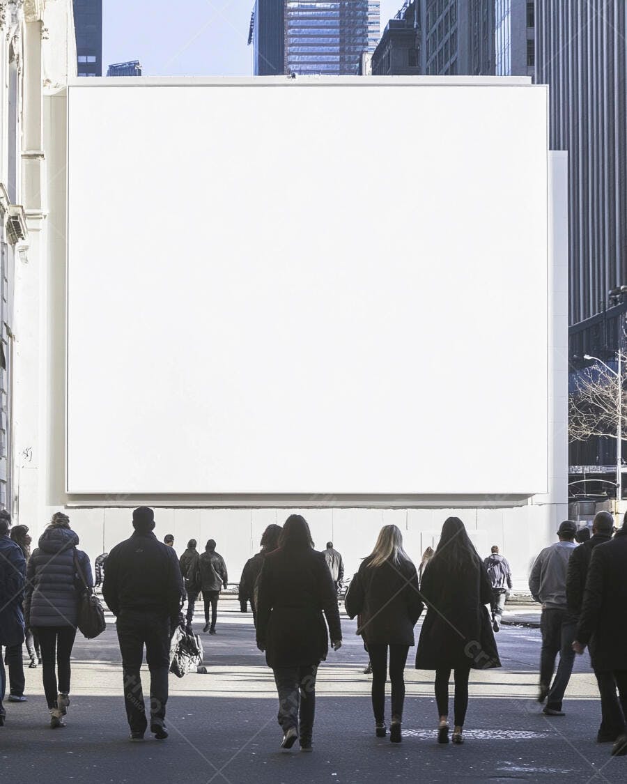 Multidão de pessoas caminhando em rua urbana com outdoor branco grande