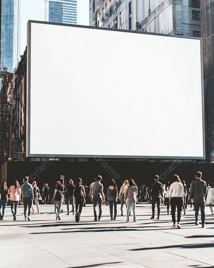 Painel publicitário branco gigante em rua movimentada com pedestres