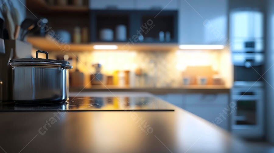 Panela metálica em fogão de indução cozinha moderna com iluminação acolhedora