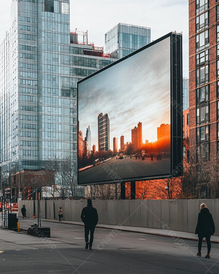 Telão digital em rua urbana com arranha-céus ao pôr do sol refletido