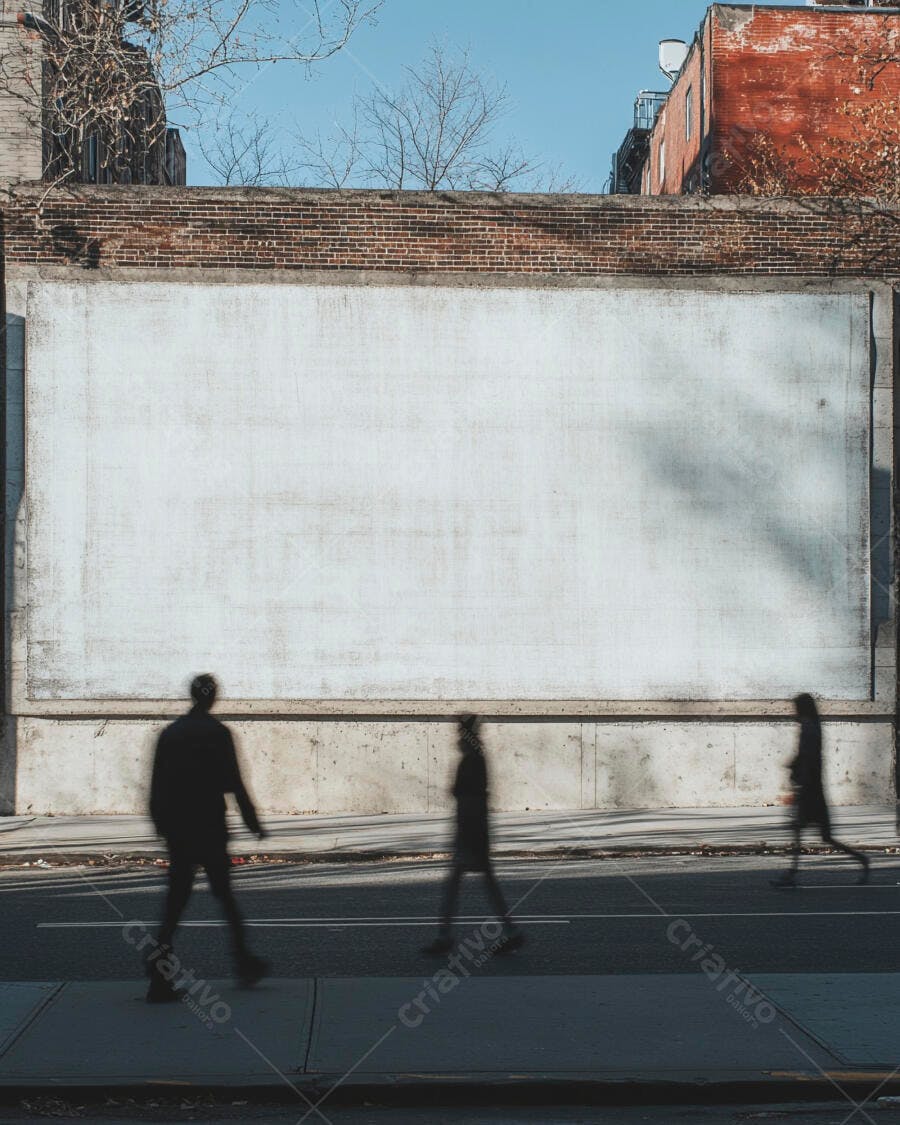 Parede branca e cinza billboard em rua urbana com pessoas desfocadas caminhando