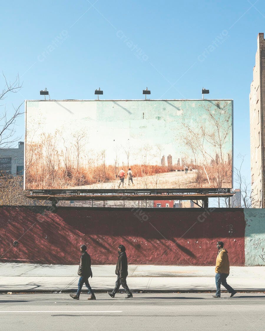 Três homens caminhando em calçada urbana com outdoor e céu azul