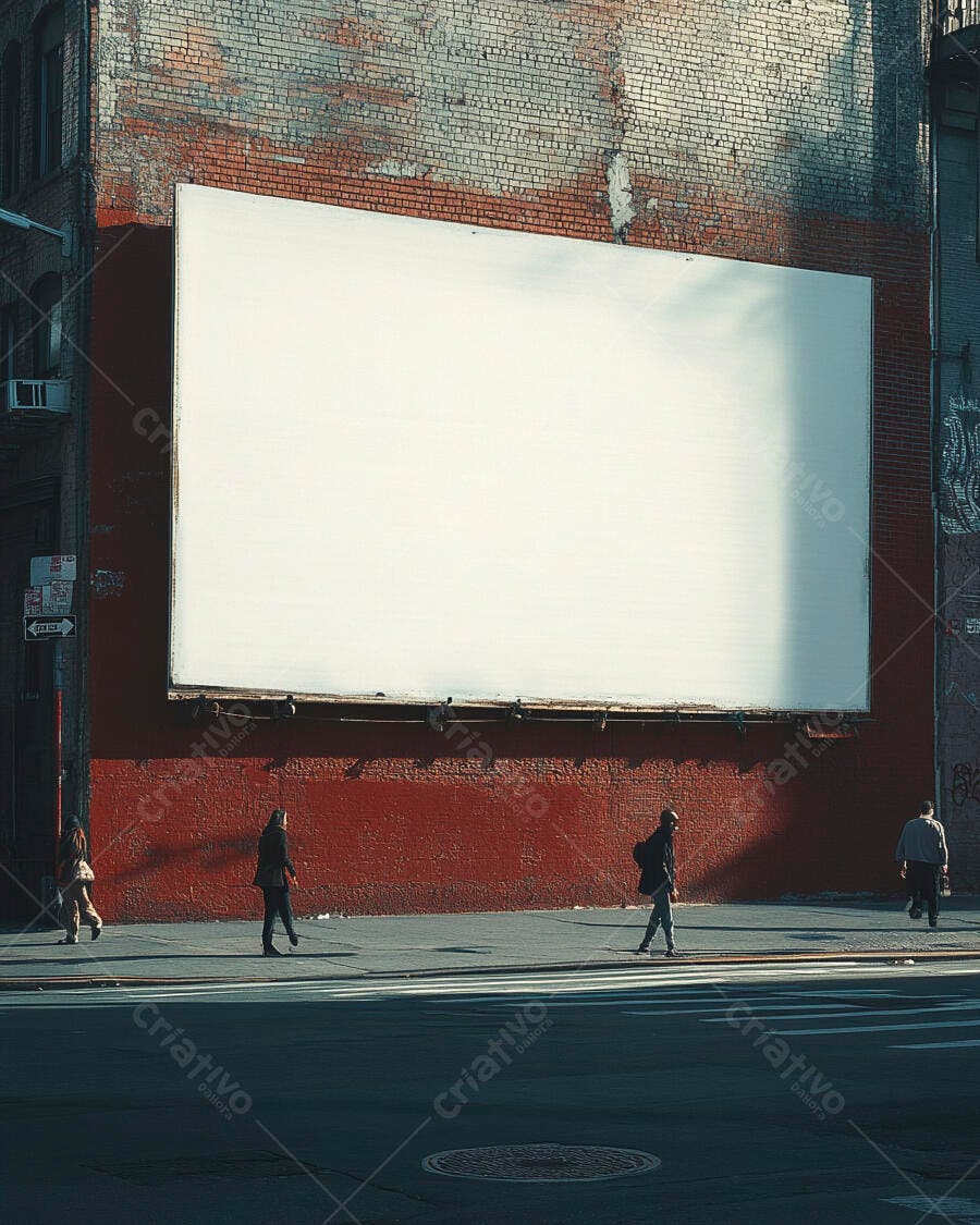 Outdoor branco em parede de tijolos vermelhos com pessoas andando na rua urbana