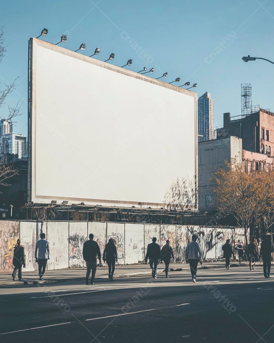 Outdoor gigante em branco na rua movimentada da cidade com pessoas e céu azul