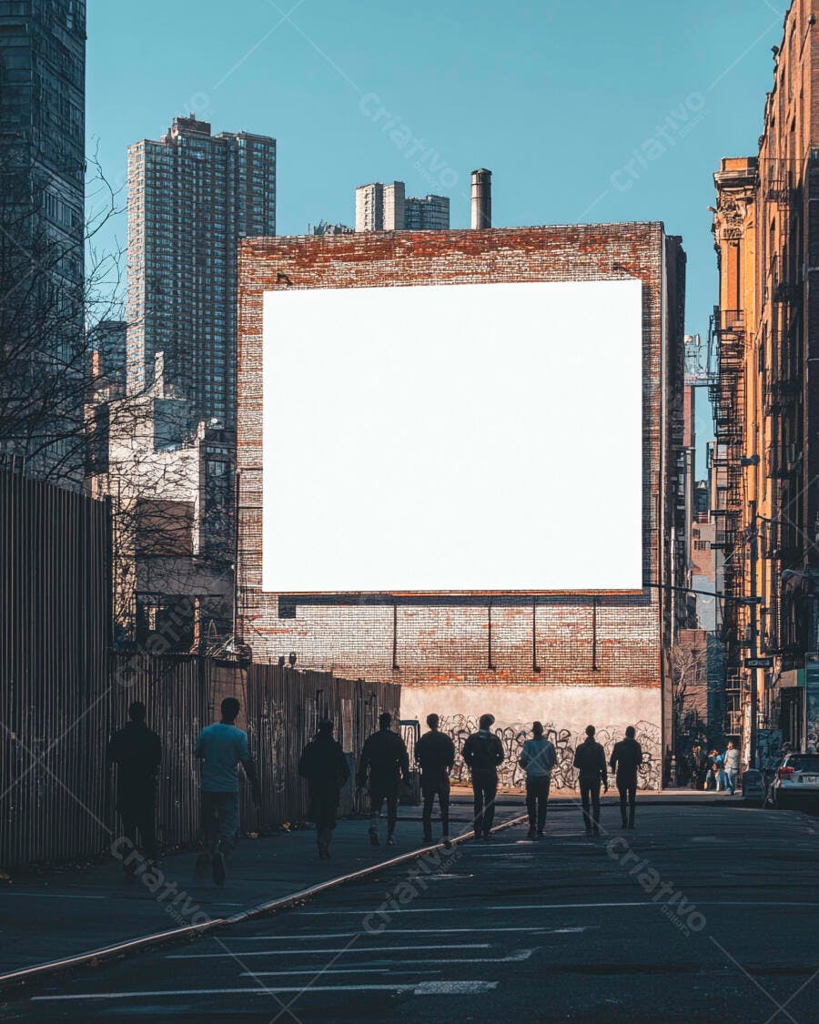 Painel publicitário vazio em parede de tijolos na rua urbana com pedestres