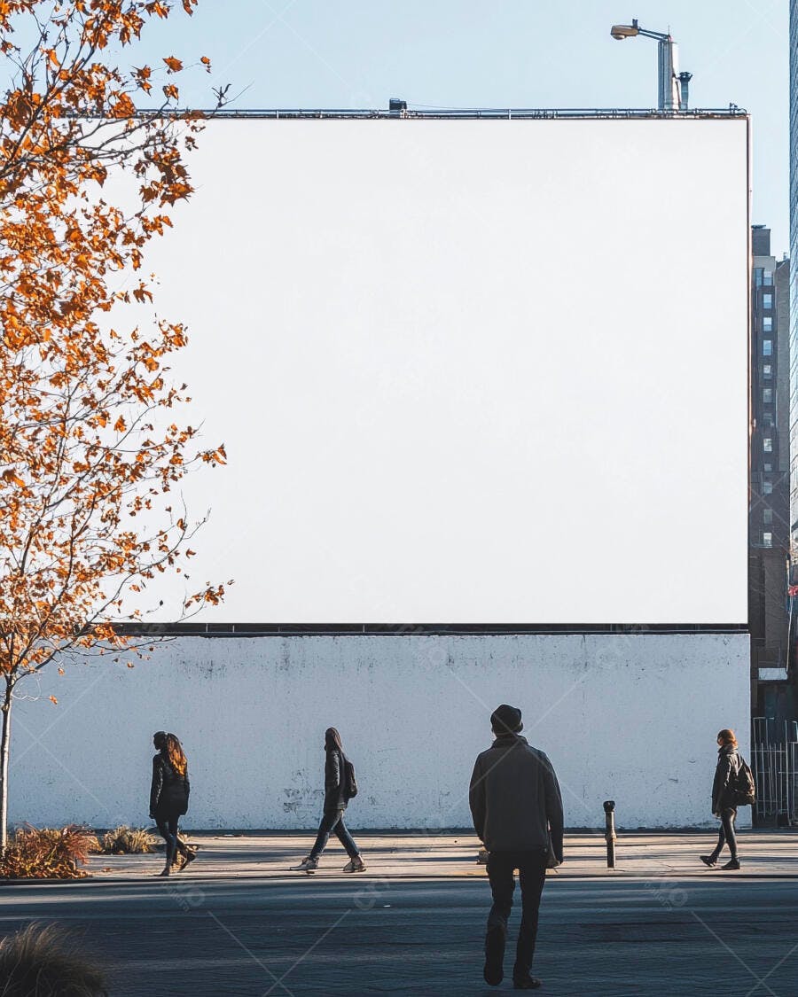 Outdoor gigante branco em rua urbana com pedestres e árvores de outono