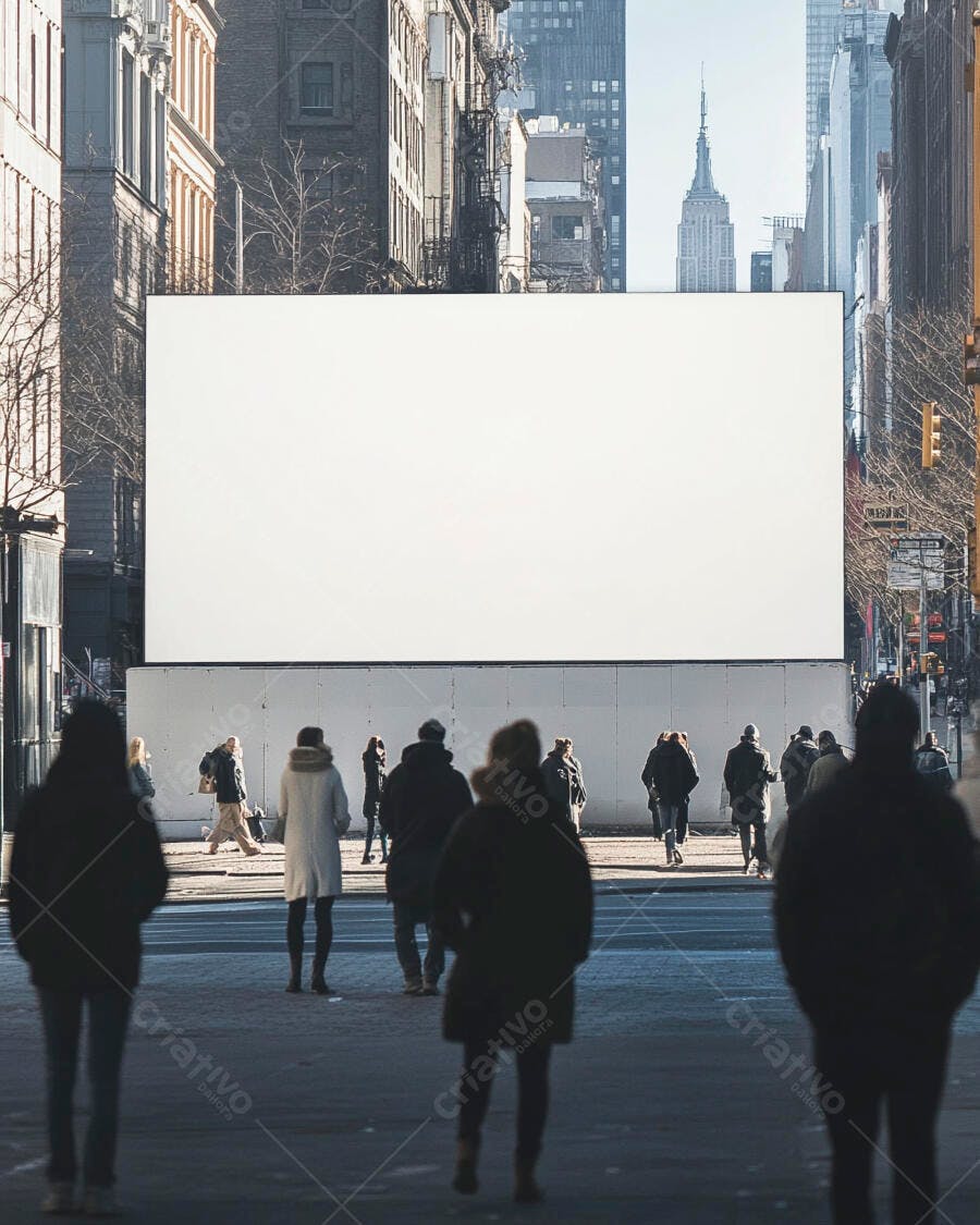 Outdoor billboard branco com pessoas andando em rua movimentada de Nova York