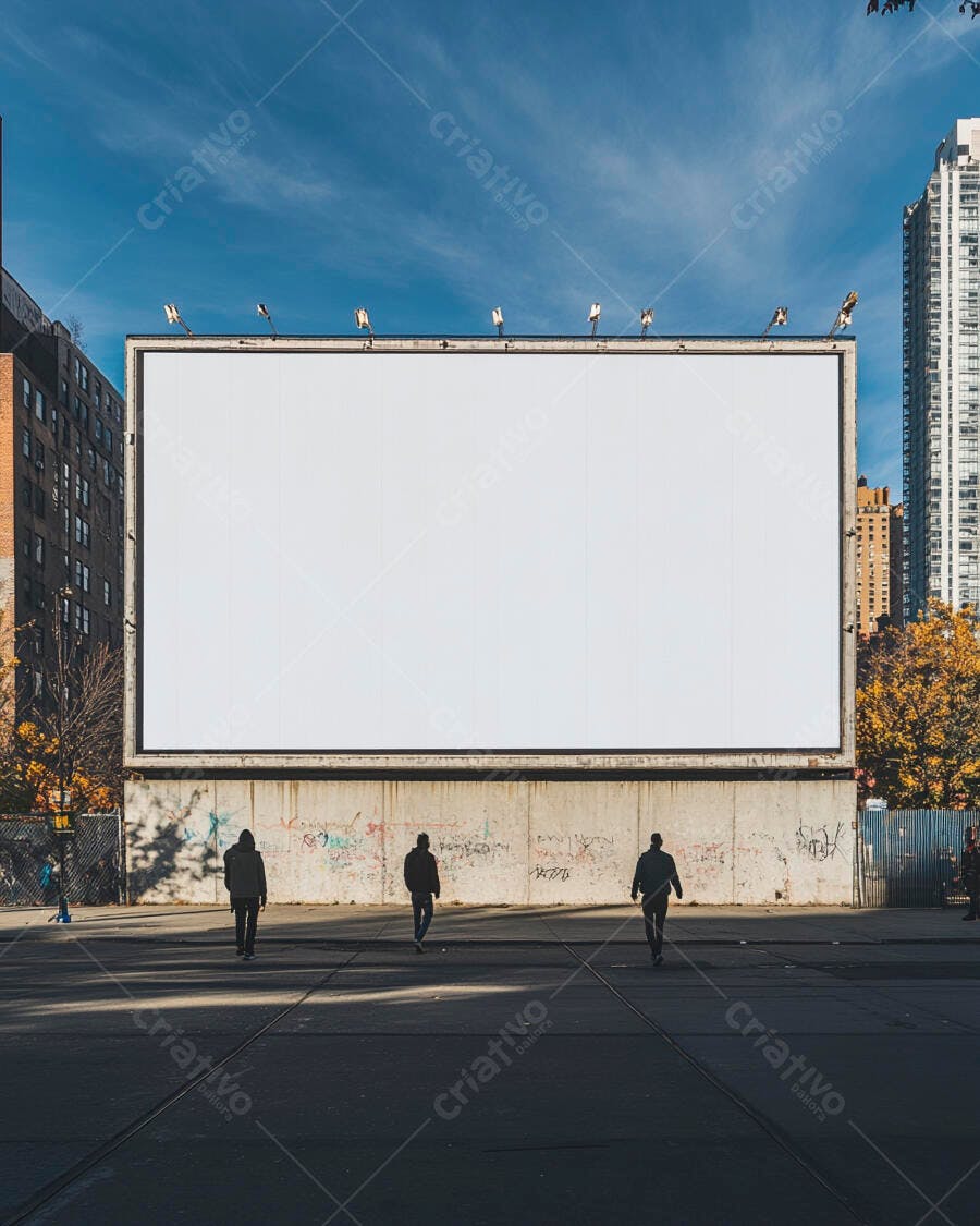 Outdoor branco vazio em avenida urbana com três pessoas caminhando sob luz do sol