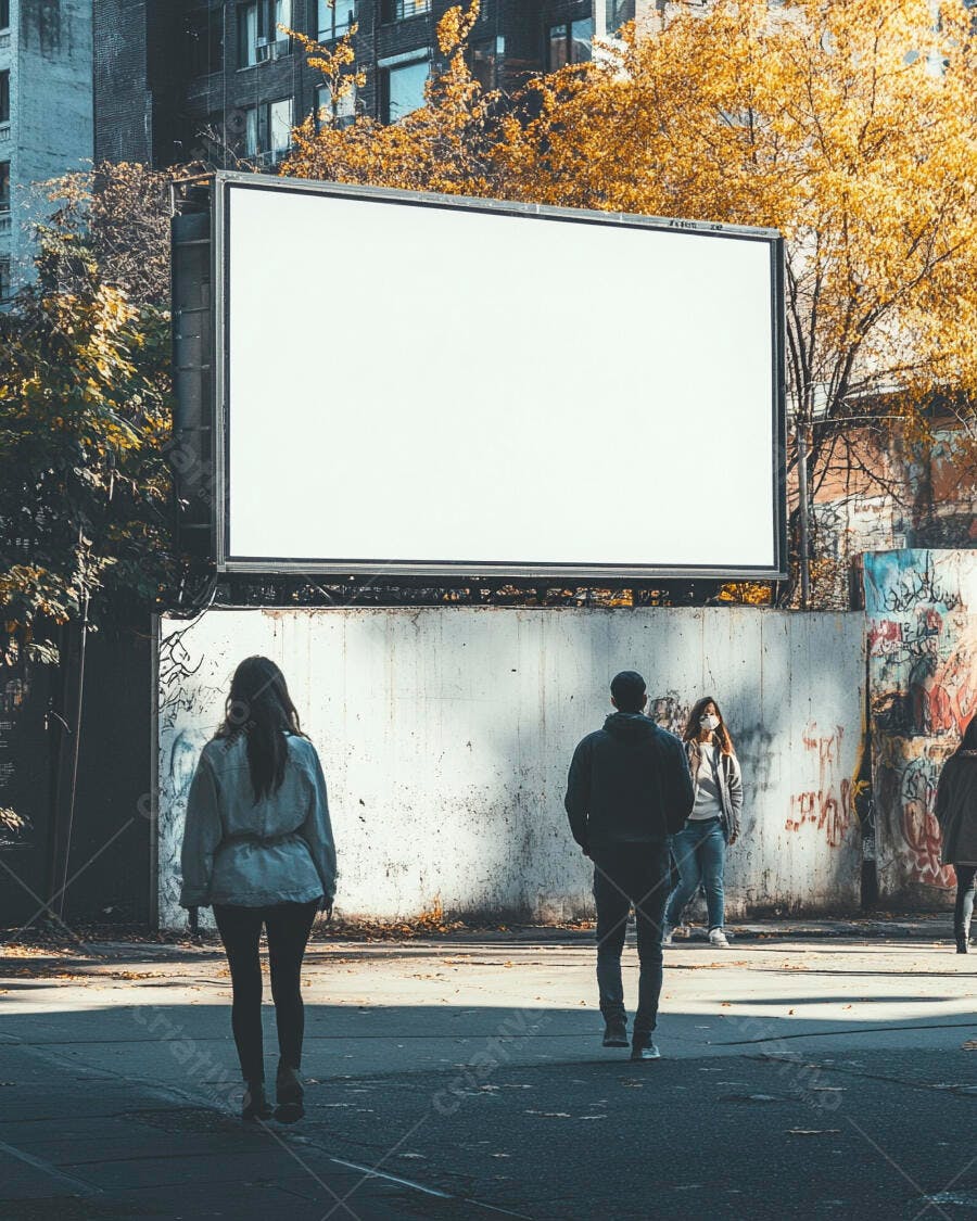 Outdoor branco vazio em rua urbana com pessoas e árvores amarelas