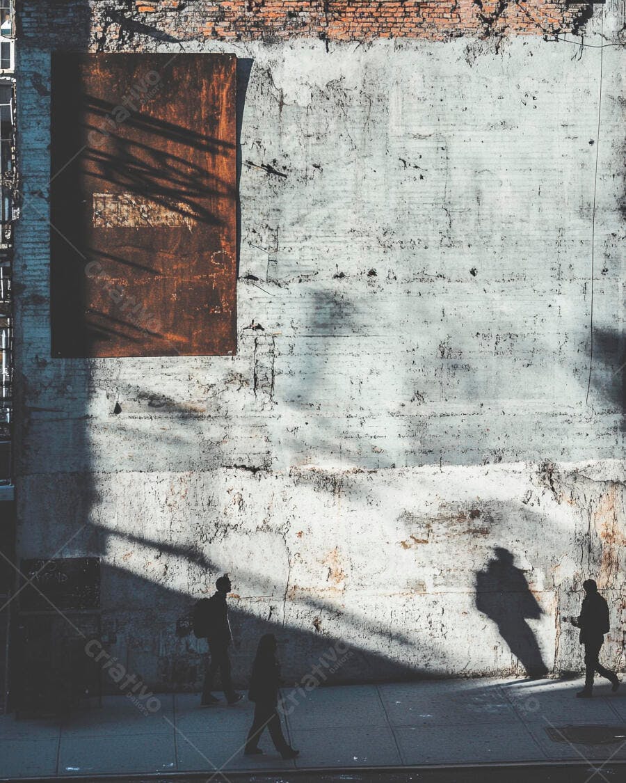 Pessoas caminhando na rua com sombras longas em parede cinza texturizada