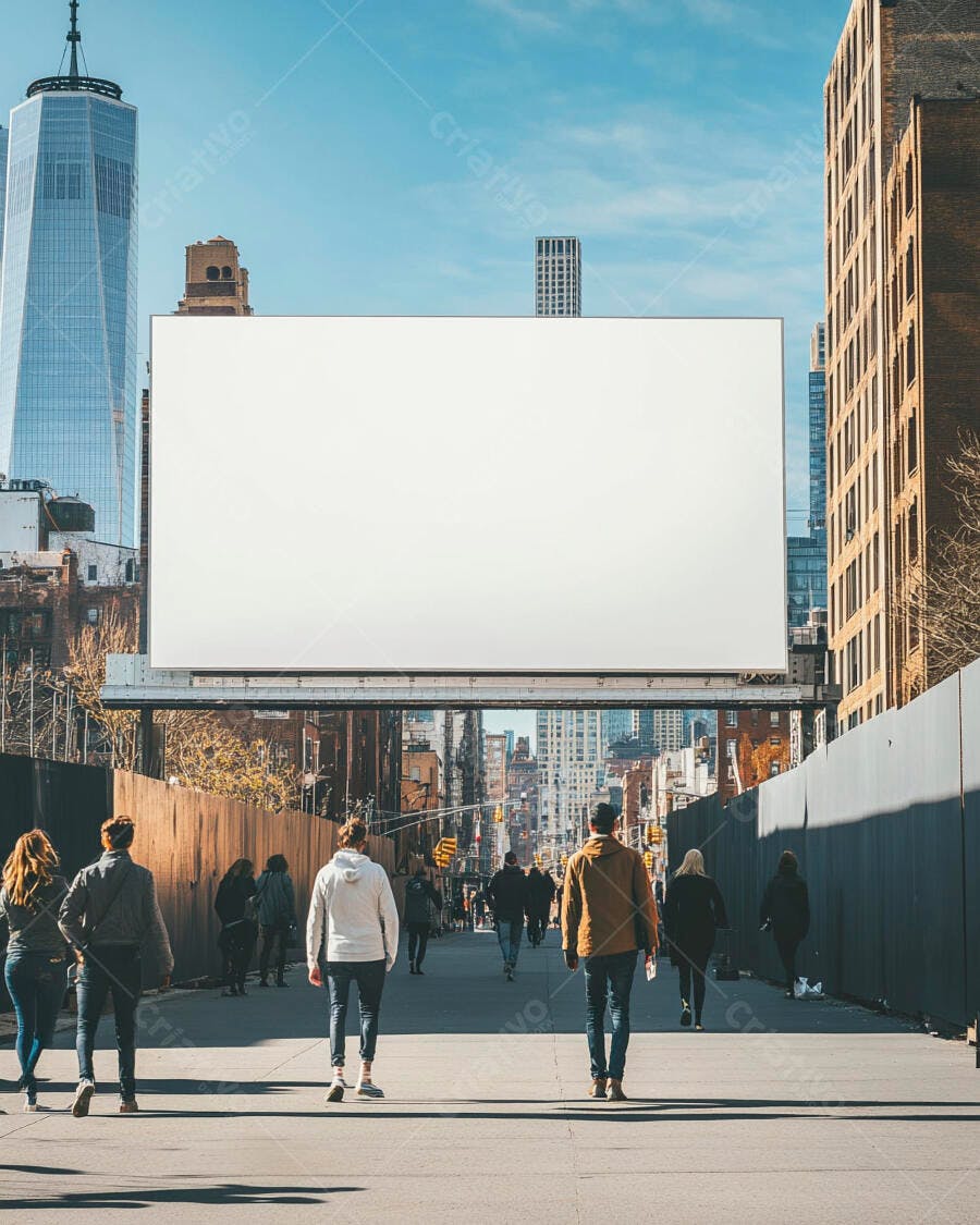 Outdoor em branco na rua movimentada de Nova York com pessoas e arranha-céus
