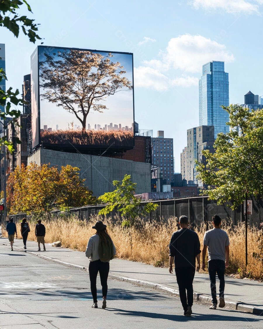 Pessoas caminhando em rua urbana com outdoor digital gigante exibindo árvore paisagem