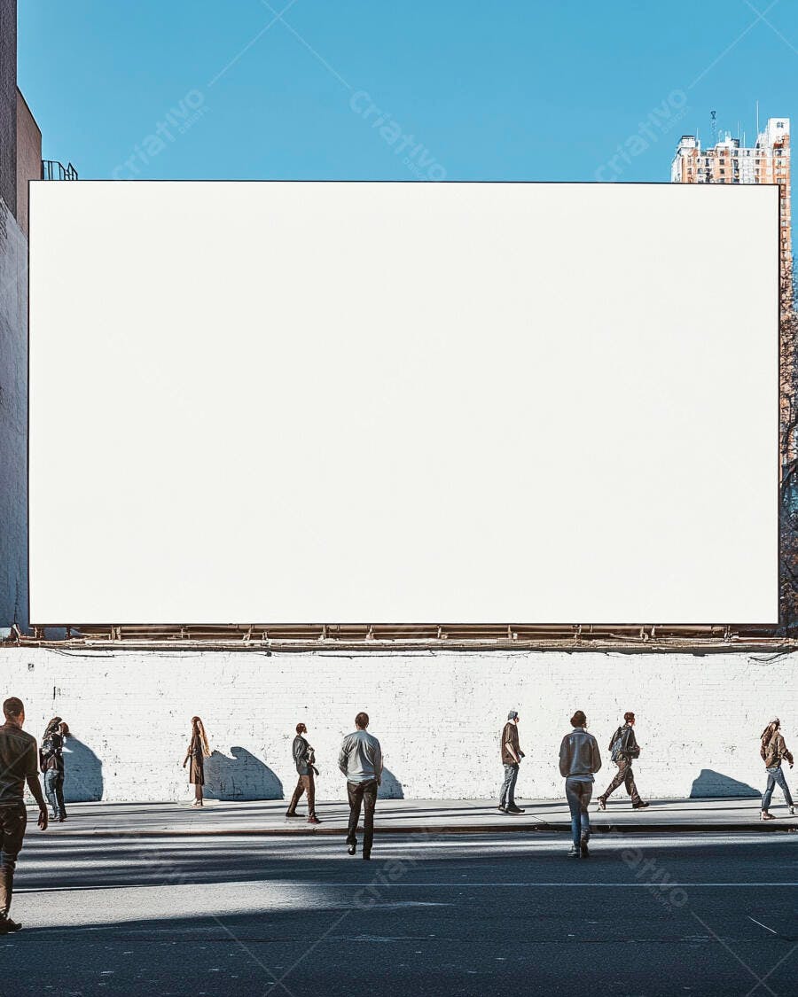 Outdoor branco gigante em rua movimentada com pedestres e céu azul