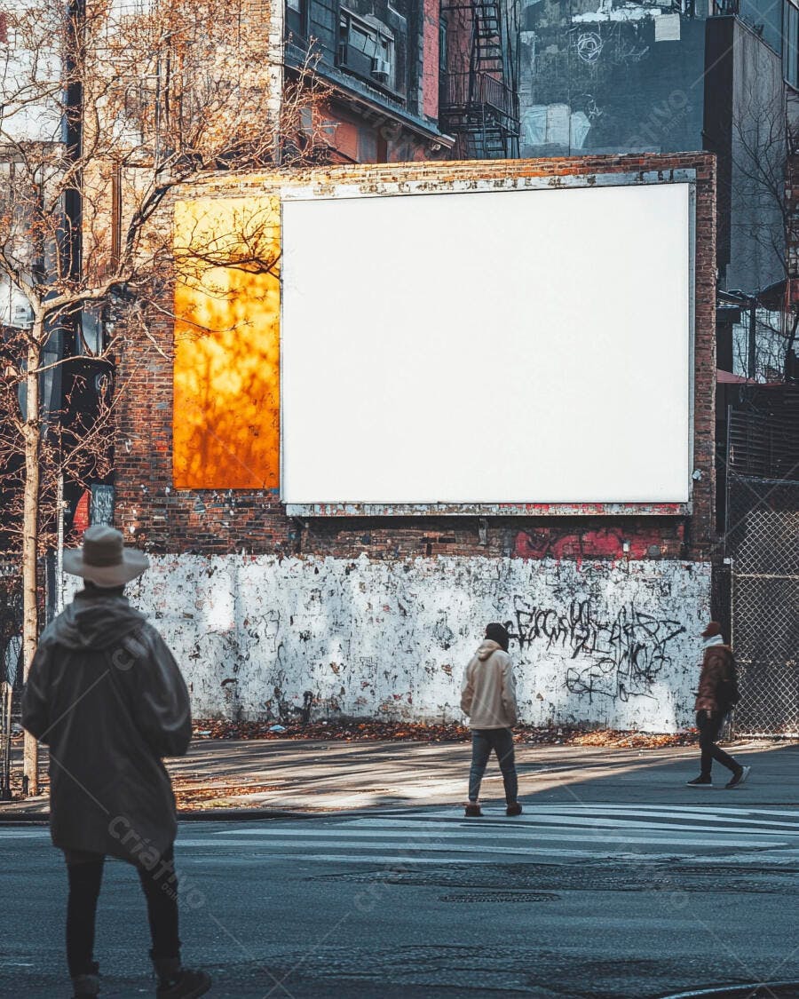 Outdoor em branco cenário urbano com pessoas caminhando e prédios de tijolos antigos