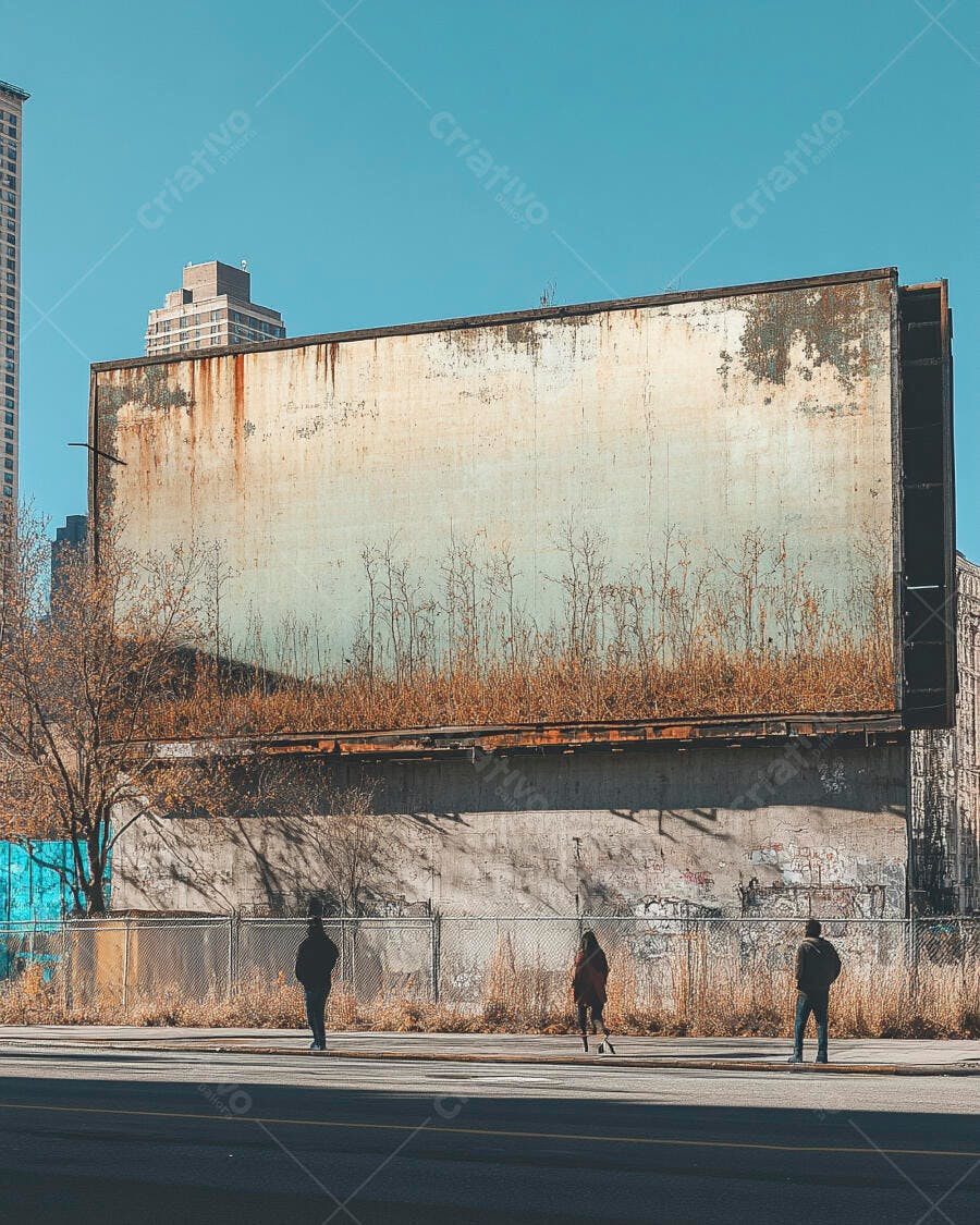 Outdoor billboard urbano desgastado com silhuetas de pessoas na rua fria