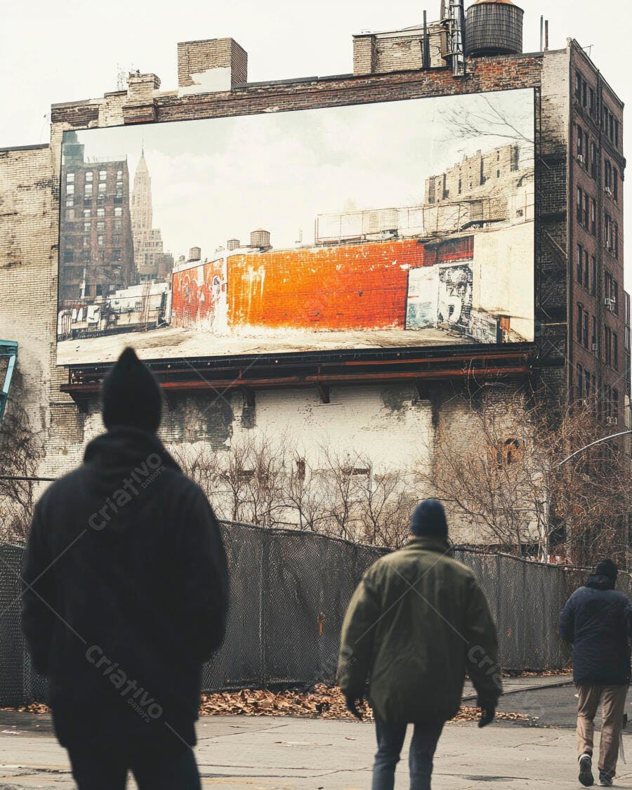 Mural urbano em prédio antigo de tijolos com vista da cidade homens na rua